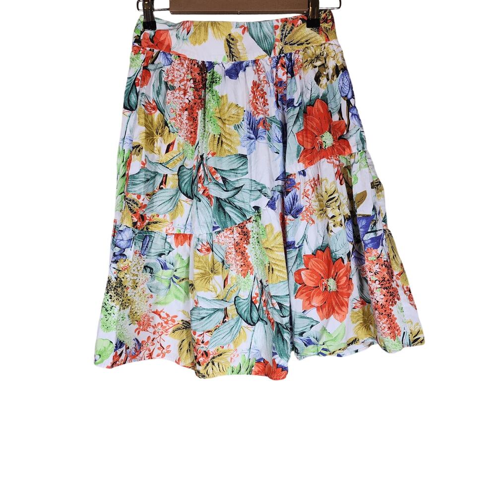 ZARA Women's Red Blue Yellow Floral Printed Poplin Knee Length Skirt SZ XS